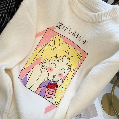 Load image into Gallery viewer, Korean Women's White Beautiful Girl Pattern Long Sleeve Round Neck Sweater Autumn Winter Loose Elegant Knit Thick Pullover Tops
