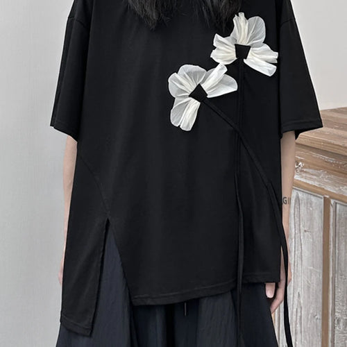 Load image into Gallery viewer, Women Black Flower Ruffles Big Size Irregular T-shirt New Round Neck Short Sleeve Fashion Tide Spring Summer 2025 1DF9643
