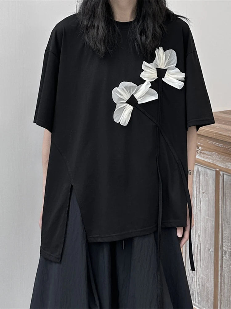 Women Black Flower Ruffles Big Size Irregular T-shirt New Round Neck Short Sleeve Fashion Tide Spring Summer 2025 1DF9643