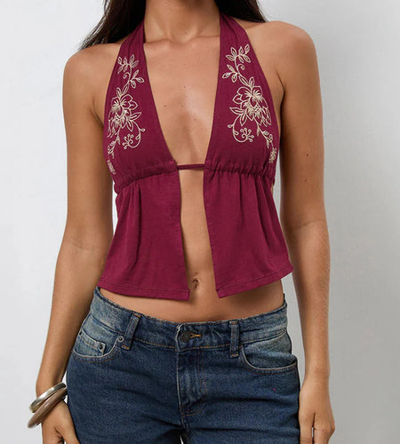Women Tank Tops y2k Aesthetic Clothes Floral Embroidery Sleeveless Open Back Halter Neck T Shirts Vest Club Streetwear