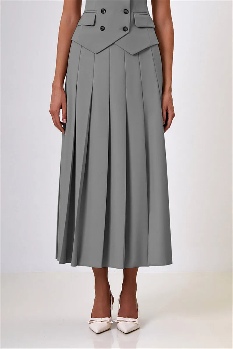 Autumn Two Piece Sets Women Double-breasted Vest And Split Skirt Matching Sets Fashion Long Pleated Skirt Two Piece Set