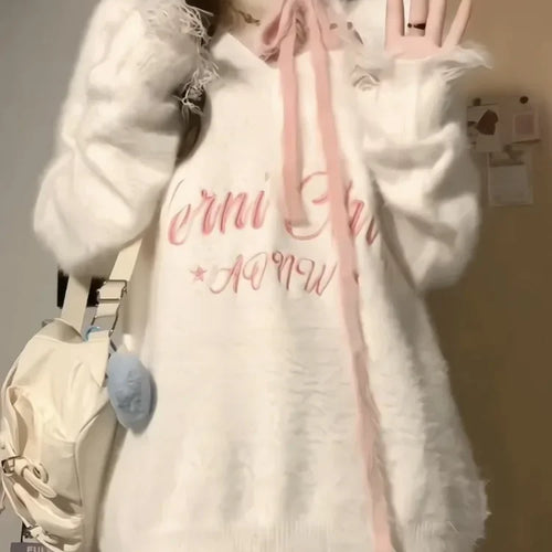 Load image into Gallery viewer, New Sexy Fashion Streetwear Outfits 2025 Spring Autumn Ripped Loose Women Pullover Y2k Aesthetic Letter Embroidery Grunge Tops
