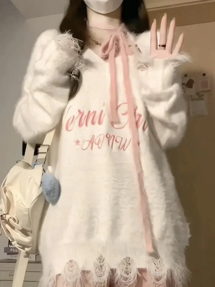 New Sexy Fashion Streetwear Outfits 2025 Spring Autumn Ripped Loose Women Pullover Y2k Aesthetic Letter Embroidery Grunge Tops