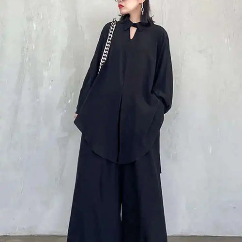 Load image into Gallery viewer, Wide Leg Pants Big Size Two Piece Suit New Lapel Long Sleeve Black Loose Fit Women Fashion Tide Spring Autumn 2025 1DF0685
