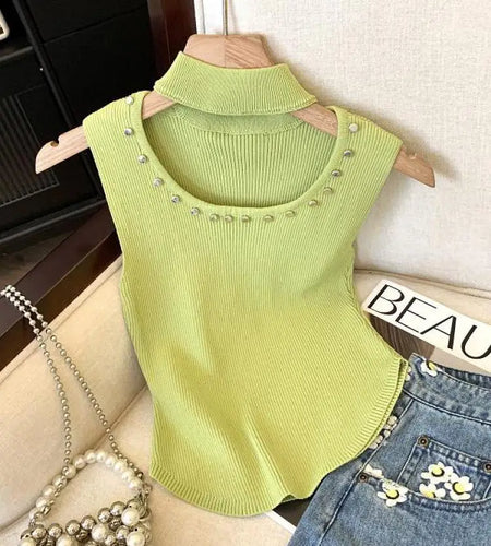 Korean Solid Diamonds Hollow Out Slim Short Knitted Vest Women Round Neck Sleeveless Holiday Pullover Top 2025 Summer Simplicity