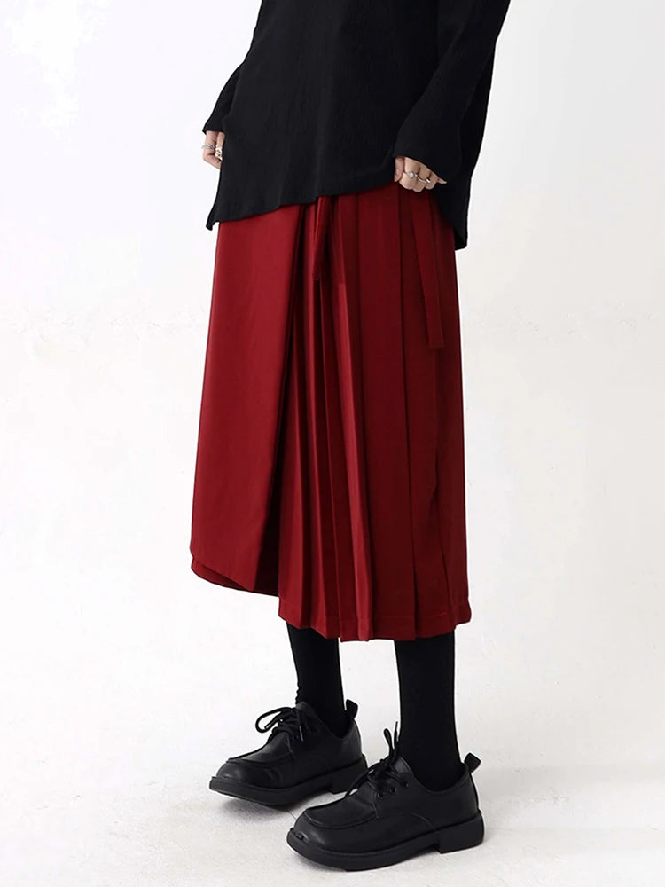 High Elastic Waist Red Pleated Bandage Elegant Wide Leg Pants New Trousers Women Fashion Tide Spring Autumn 2025 1DH9565