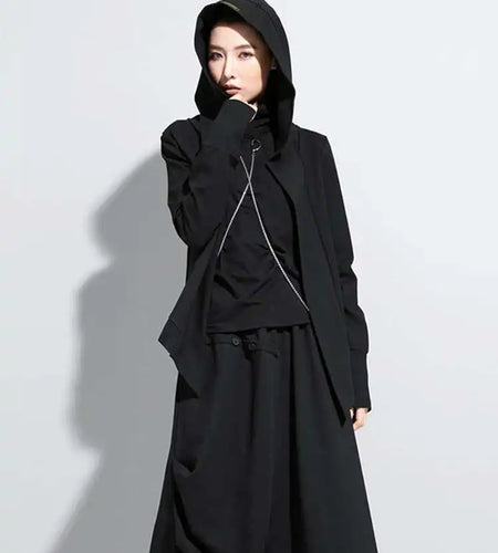 Loose Fit Black Brief Irregular Short Jacket New Hooded Long Sleeve Women Coat Fashion Tide Spring Autumn 2025 1Z591