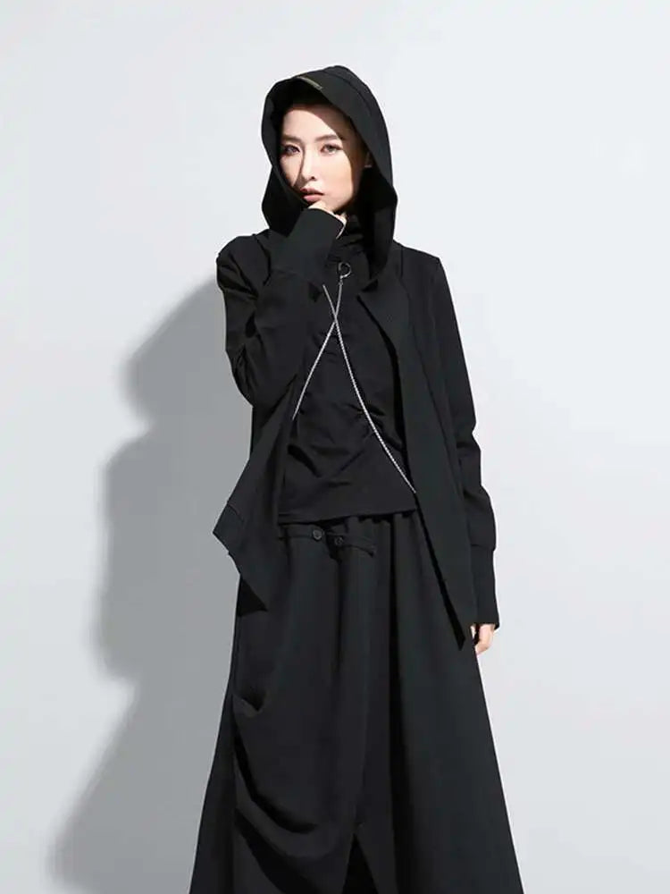 Loose Fit Black Brief Irregular Short Jacket New Hooded Long Sleeve Women Coat Fashion Tide Spring Autumn 2025 1Z591