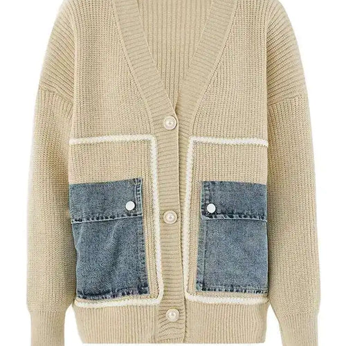 Load image into Gallery viewer, Brown Denim Pocket Big Size Knitting Cardigan Sweater V-Neck Long Sleeve Women New Fashion Tide Spring Autumn 2025 CPG1987
