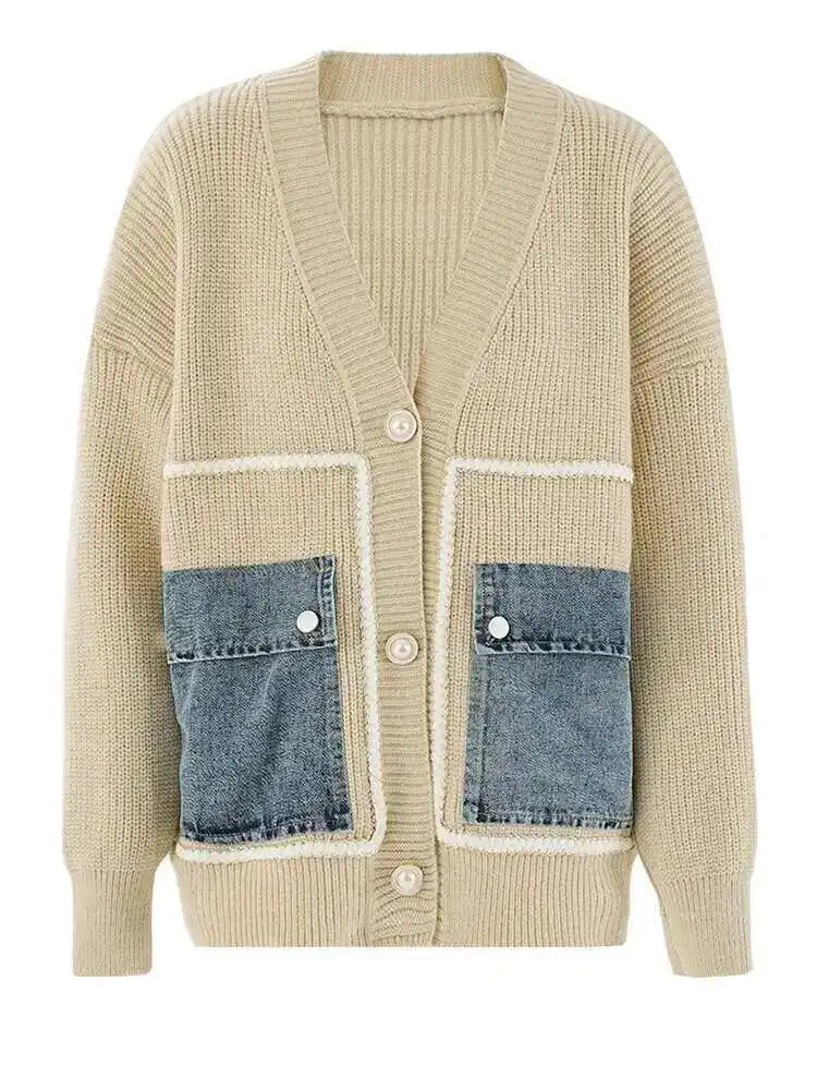 Brown Denim Pocket Big Size Knitting Cardigan Sweater V-Neck Long Sleeve Women New Fashion Tide Spring Autumn 2025 CPG1987