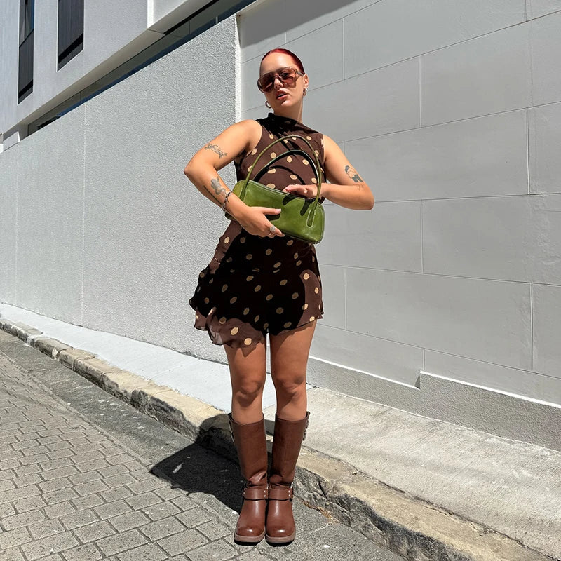 Sleeveless Polka Dot Dress For Woman Fashion Brown Print Mesh O Neck Ruched Mini Dress Elegant Irregular Dresses