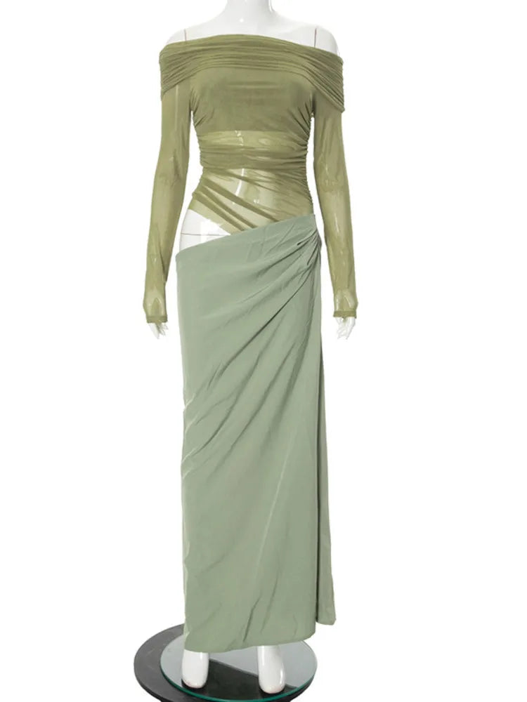 Elegant Mesh Patchwork Satin Long Sleeve Bodycon Party Club Evening Dress Women 2025 Summer Sexy One Shoulder Vestido