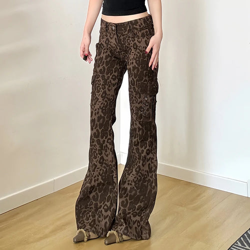 Load image into Gallery viewer, Streetwear Leopard Print Rivet Decorated Jeans Women Fashion Full Lenght Flare Dimen Trousers Button-Fly Bottoms Chic
