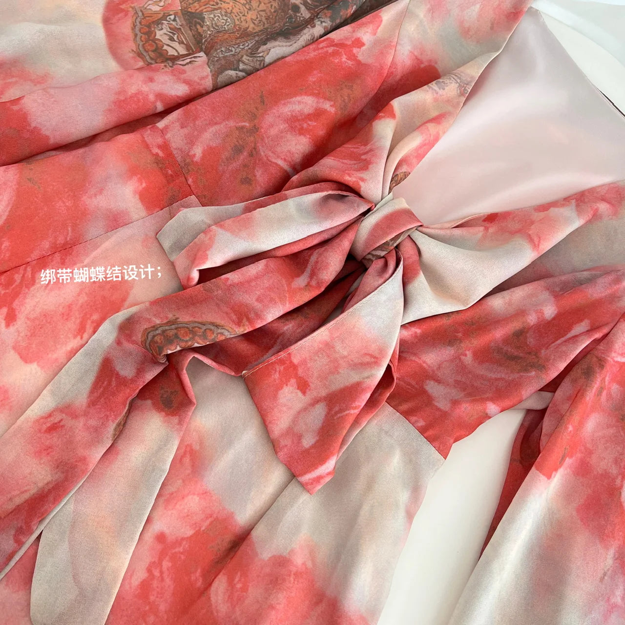 Spring French Fashion Vintage Red Print Elegant V Neck Bow Bandage Party Dress Women Long Sleeves Festival Dress Bohemian Trendy