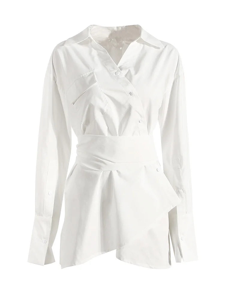 Women White Irregular Bandage Slit Shirt Dress New V-Neck Long Sleeve Loose Fit Fashion Tide Spring Autumn 2025 1DE9884