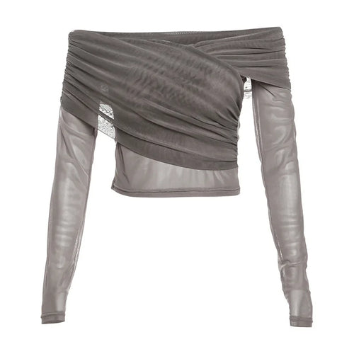 Load image into Gallery viewer, Vintage Slim Women Pleated Long Sleeve T-shirt Sexy Y2k Aesthetic Cross Irregular Tshirts Fashion Hollow Out Trend Chic Crop Top
