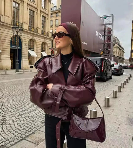 Winter Autumn Vintage Faux Leather Jacket Coat Chic Short Belt Bomber Jackets for Women Wine Street Outwear