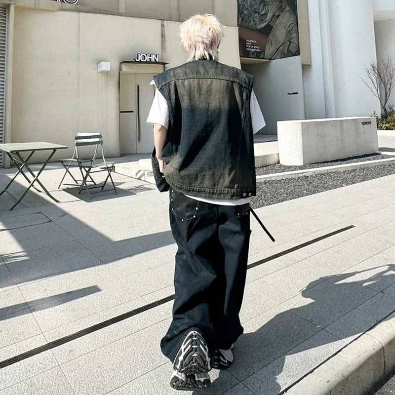 Men's Pants Set New Summer Split Leather Rivet Decoration Single Breasted Multi Pockets Male Causal Straight Jeans 9W1791