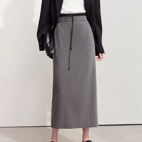 Load image into Gallery viewer, Minimalism Skirts For Women 2024 Autumn New Commuter Contrast Stitching With Waist Rope Lady Split Straight Skirt 12443027
