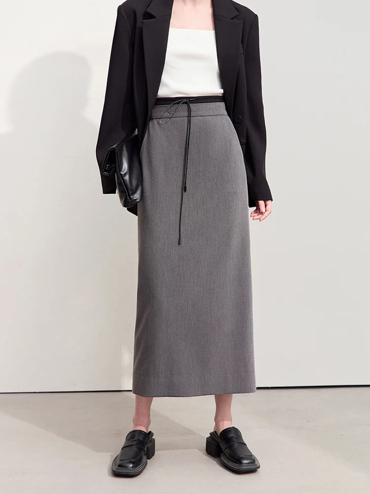 Minimalism Skirts For Women 2024 Autumn New Commuter Contrast Stitching With Waist Rope Lady Split Straight Skirt 12443027