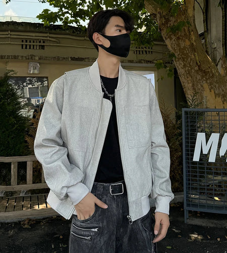 Men's Jackets Round Collar Solid Color Casual Zipper Pockets Loose American Style Male Clothing Stylish 2024 9C9206