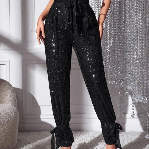Load image into Gallery viewer, Patchwork Sequins Casual Solid Floor Length Trousers For Women High Waist Spliced Lace Up Loose Pencil Pants Female Style
