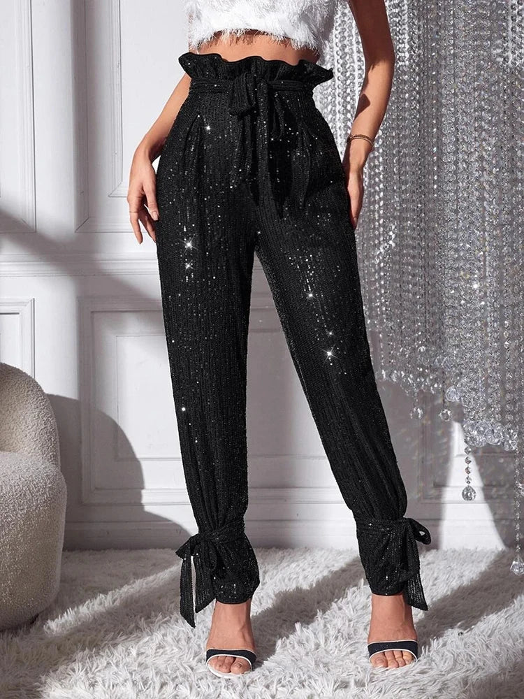 Patchwork Sequins Casual Solid Floor Length Trousers For Women High Waist Spliced Lace Up Loose Pencil Pants Female Style