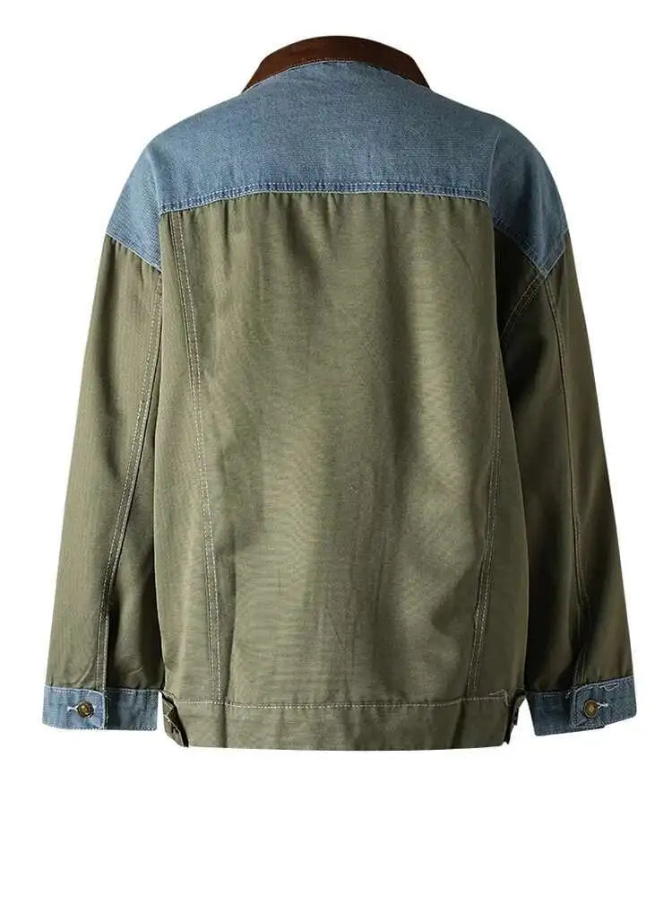 Green Denim Color-block Big Size Casual Jacket New Lapel Long Sleeve Women Coat Fashion Tide Spring Autumn 2025 CP3516