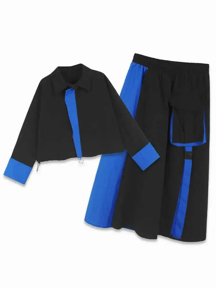 Blue Big Size Shirt Half-body Skirt Two Pieces Suit New Lapel Long Sleeve Women Fashion Tide Spring Autumn 2025 1DH7625