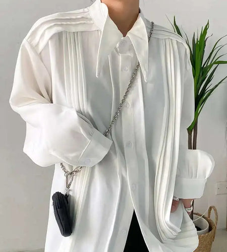 Women White Pleated Big Size Elegant Blouse New Lapel Long Sleeve Loose Fit Shirt Fashion Tide Spring Autumn 2025 1DF0359