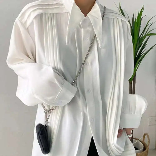 Load image into Gallery viewer, Women White Pleated Big Size Elegant Blouse New Lapel Long Sleeve Loose Fit Shirt Fashion Tide Spring Autumn 2025 1DF0359
