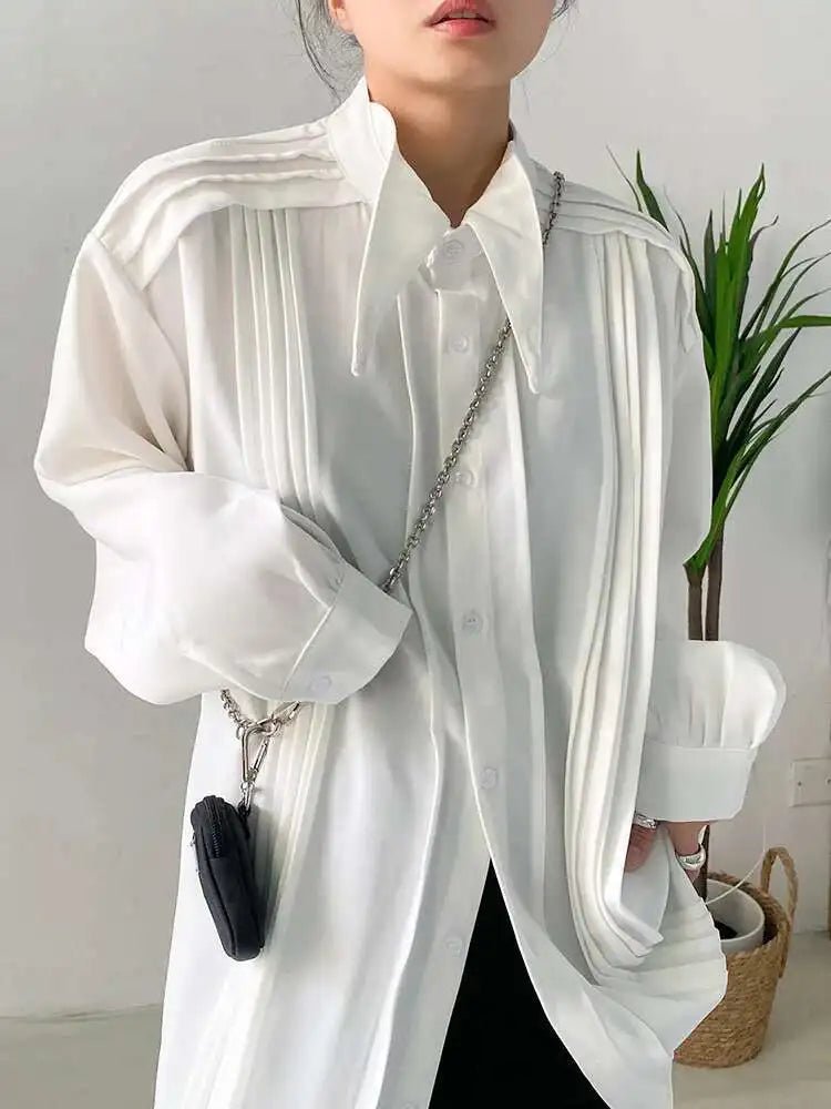Women White Pleated Big Size Elegant Blouse New Lapel Long Sleeve Loose Fit Shirt Fashion Tide Spring Autumn 2025 1DF0359