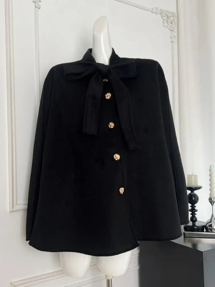 Korean Women's Beige Black Loose Woolen Coat Fashion Grey Single Breasted Long Sleeve Bow Lace-up Jacket 2024 Autumn Winter Chic