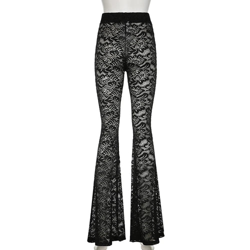 Load image into Gallery viewer, Fashion Black Skinny Lace Trousers Full Length Solid Transparent Sexy Party Thin Flared Pants Vintage Elegant Bottoms
