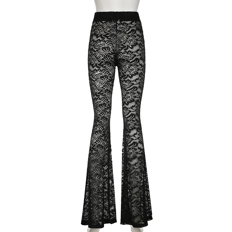 Fashion Black Skinny Lace Trousers Full Length Solid Transparent Sexy Party Thin Flared Pants Vintage Elegant Bottoms