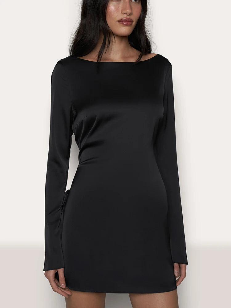 Elegant Long Sleeved Bodycon Dress Women Lace Up Open Back Slim Fit Mini Dress Female Fashion Party Club Evening Dress