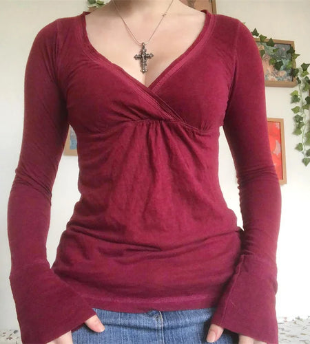 y2k Tops for Women Grunge Fairy Clothes Solid Color V Neck Long Sleeve T Shirt 2000s Coquette Clothing Streetwear