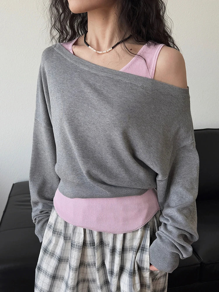 Black Color-block Knitting Sweater Irregular Neck Long Sleeve Women Pullovers New Fashion Tide Spring Autumn 2025 1DJ0158