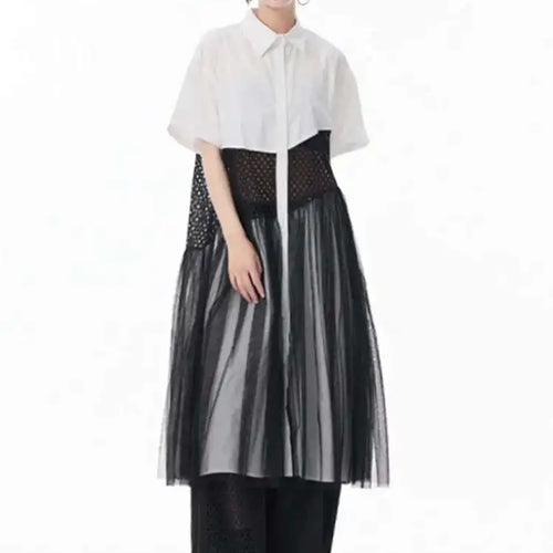 Load image into Gallery viewer, Women White Mesh Color-block Big Size Midi Shirt Dress New Lapel Short Sleeve Fashion Tide Spring Summer 2025 1DJ0045
