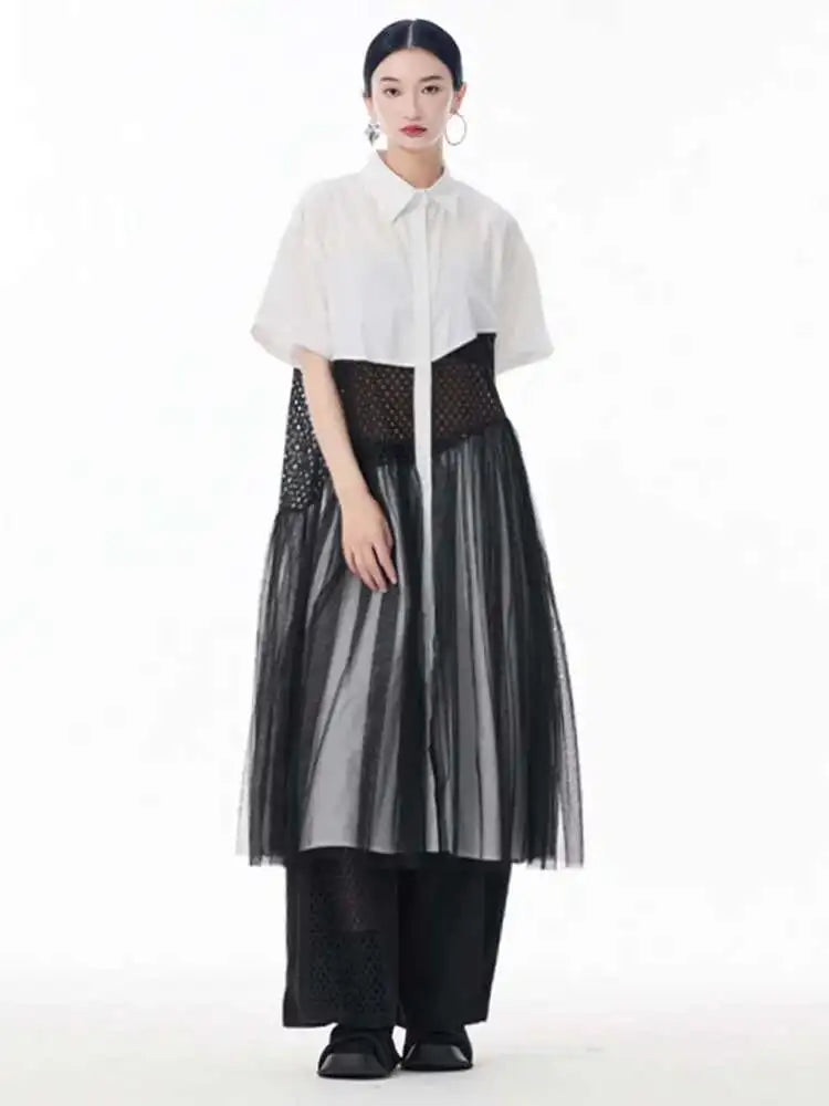 Women White Mesh Color-block Big Size Midi Shirt Dress New Lapel Short Sleeve Fashion Tide Spring Summer 2025 1DJ0045