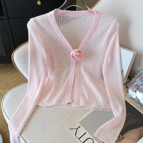Load image into Gallery viewer, 2025 Sping Summer New Women Solid Fashion V-neck Flower Decoration Long Sleeve Cardigan Knitted Tops Sun Protection Clothes Chic
