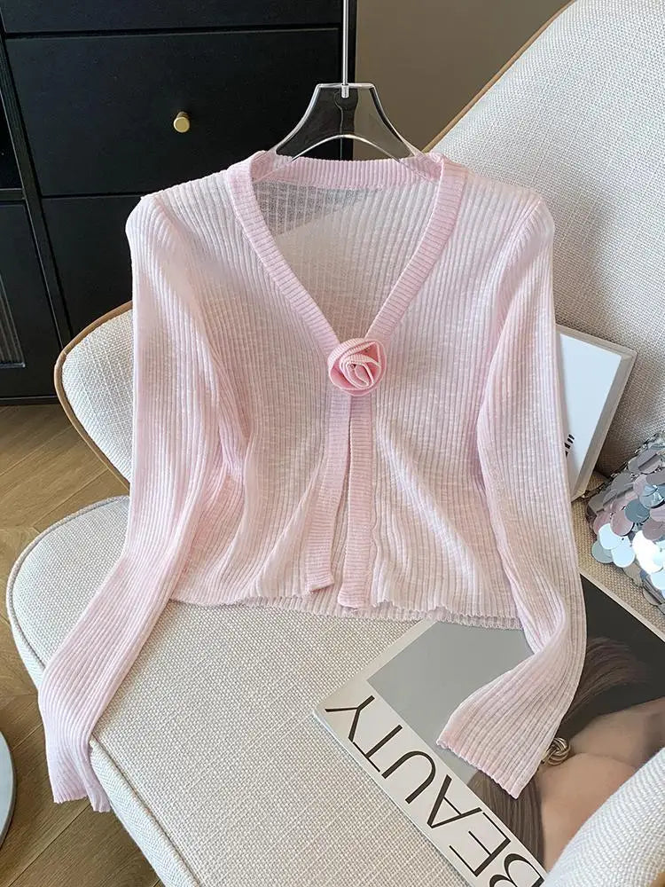 2025 Sping Summer New Women Solid Fashion V-neck Flower Decoration Long Sleeve Cardigan Knitted Tops Sun Protection Clothes Chic