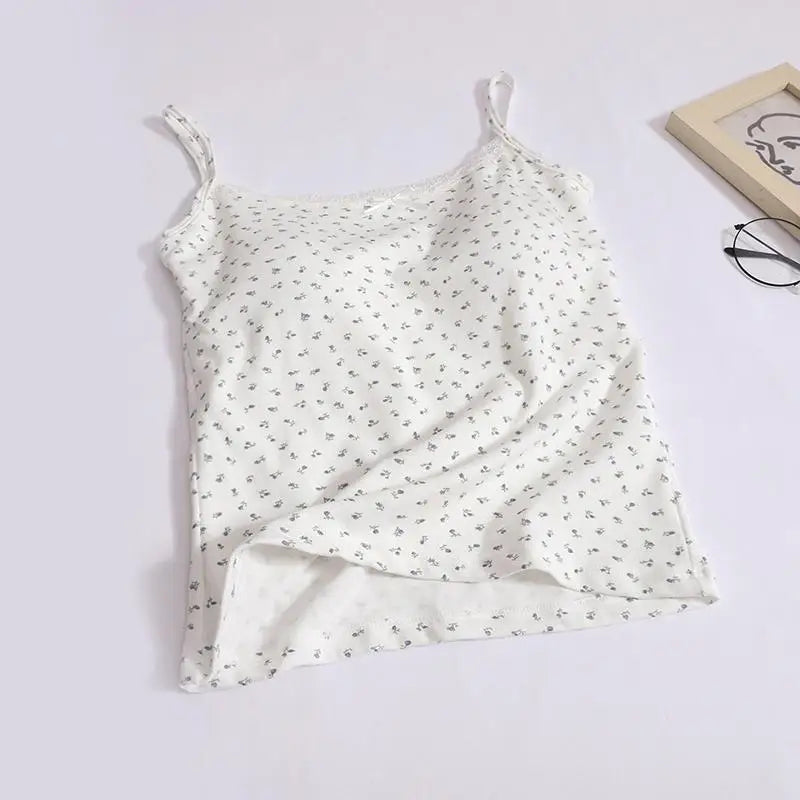 Summer Fashion Women Flower Print Lace Spaghetti Strap Vest Chic Solid Sleeveless Slim Ladies Casual Short Tops Streetwear