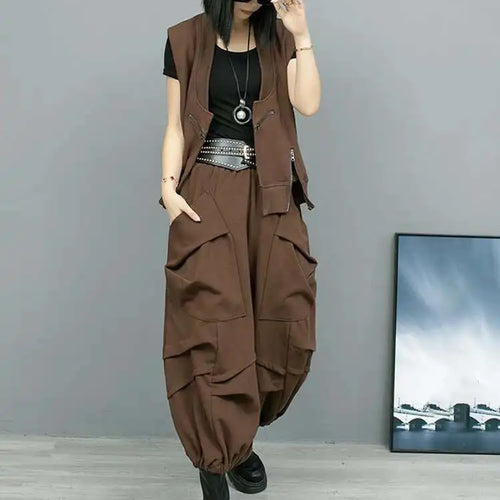 Load image into Gallery viewer, Big Size Coffee Vest Wide Leg Pants Two Piece Suit New V-Neck Sleeveless Women Fashion Tide Spring Autumn 2025 1DH8108
