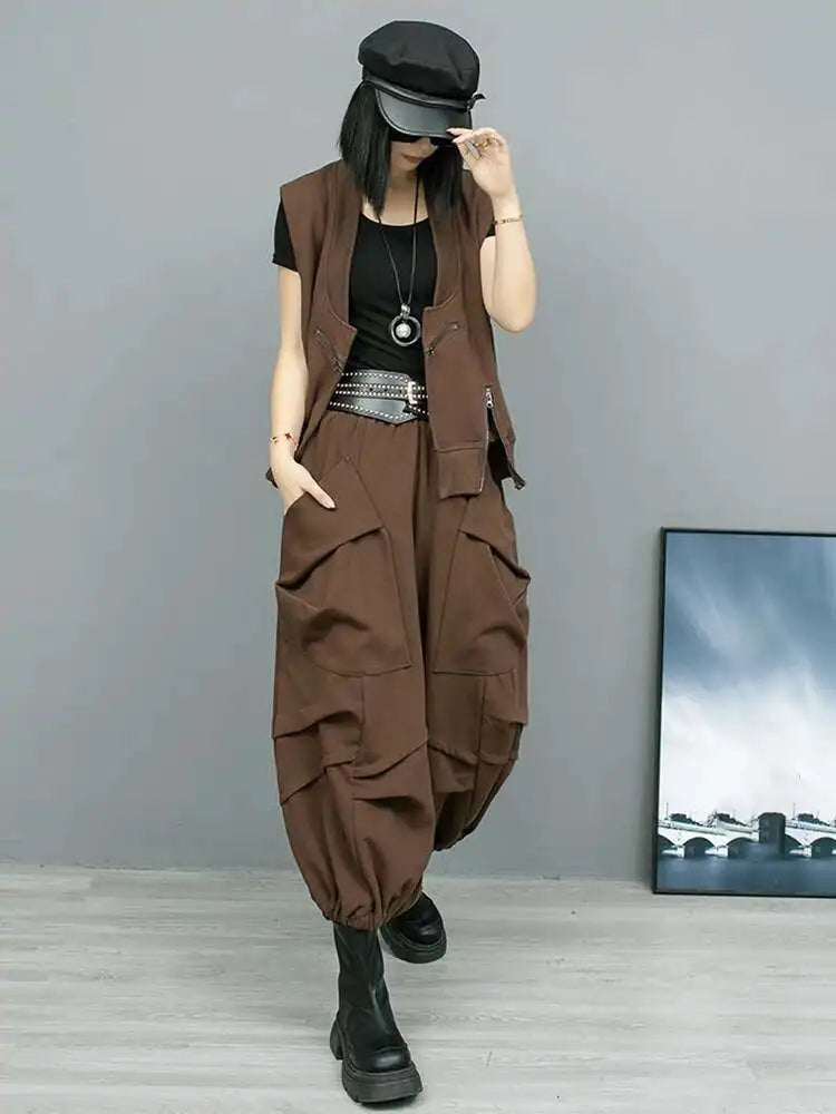 Big Size Coffee Vest Wide Leg Pants Two Piece Suit New V-Neck Sleeveless Women Fashion Tide Spring Autumn 2025 1DH8108