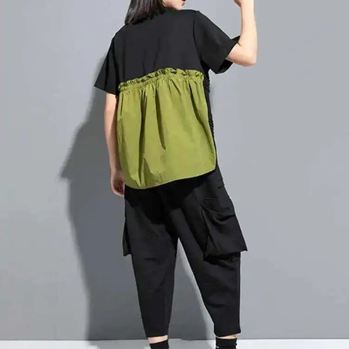 Load image into Gallery viewer, Women Green Back Long  Ruffles Big Size Casual T-shirt New Round Neck Short Sleeve Fashion Tide Spring Summer 2025 1DH5950
