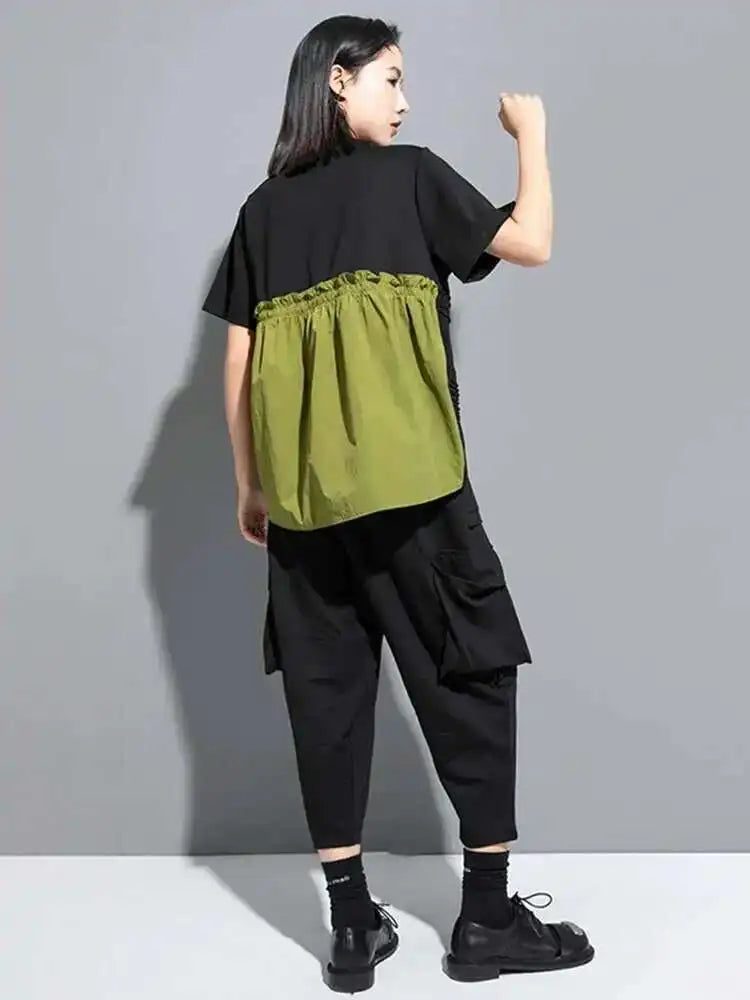Women Green Back Long  Ruffles Big Size Casual T-shirt New Round Neck Short Sleeve Fashion Tide Spring Summer 2025 1DH5950