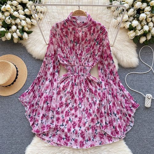 Load image into Gallery viewer, French Women Elegant Floral Print Half High Collar Slim Midi Dress 2023 Autumn Flared Long Sleeve Fashion Vacation Pleated Dress
