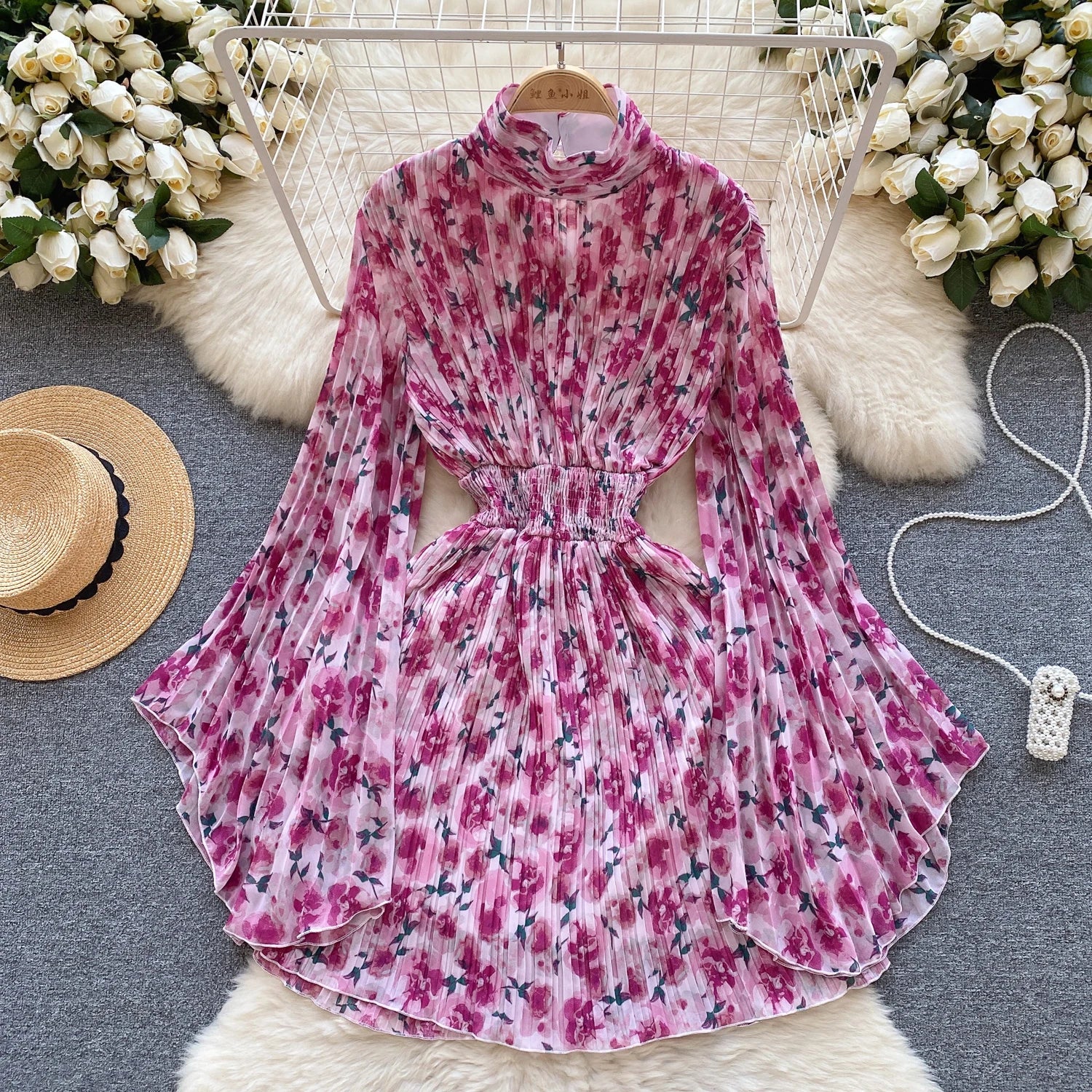 French Women Elegant Floral Print Half High Collar Slim Midi Dress 2023 Autumn Flared Long Sleeve Fashion Vacation Pleated Dress