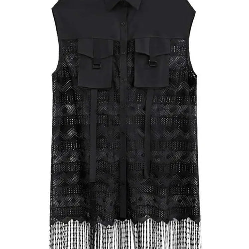 Load image into Gallery viewer, Women Army Green Lace Perspective Tassels Midi Shirt Dress New Lapel Sleeveless Fashion Tide Spring Summer 2025 1DH4540
